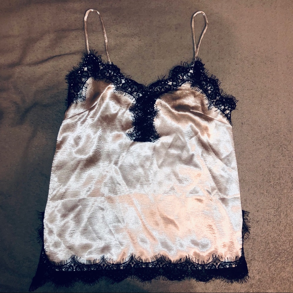 LF silver satin cami with black lace trim